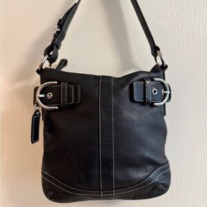 Coach Black Leather Shoulder Bag with Buckle Accents